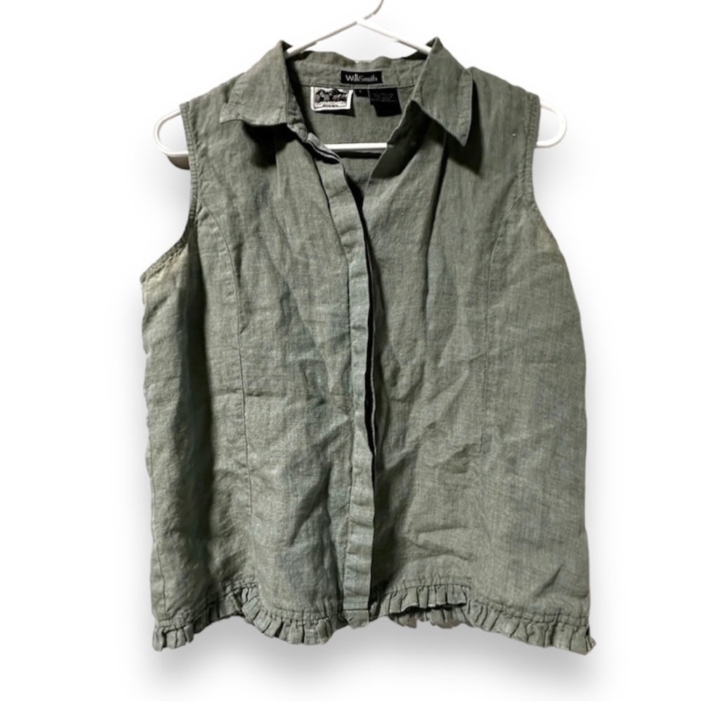 Willi Smith Irish Linen Sage Green Button Down Light Sleeveless Shirt Size Large